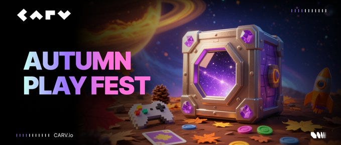 A large metallic cube with a glowing purple starfield design in the center, surrounded by autumn leaves, pinecones, game controllers, cards, and a small rocket toy. The background features a starry sky with a fiery orange ring. Text reads "Autumn Play Fest" in colorful letters. A large metallic cube with a glowing purple starfield design in the center, surrounded by autumn leaves, pinecones, game controllers, cards, and a small rocket toy. The background features a starry sky with a fiery orange ring. Text reads "Autumn Play Fest" in colorful letters.