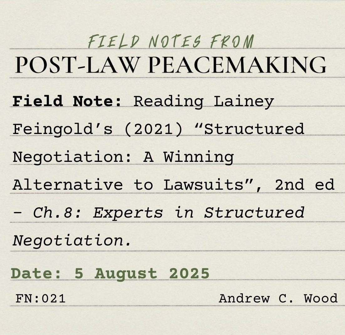 A square, lined index card on which is typed, "Field Notes from Post-Law Peacemaking. Field Note: Reading Lainey Feingold’s (2021) “Structured Negotiation: A Winning Alternative to Lawsuits”, 2nd ed - Ch.8:  Experts in Structured Negotiation. Date 5 August 2025. FN:021. Andrew C. Wood.
