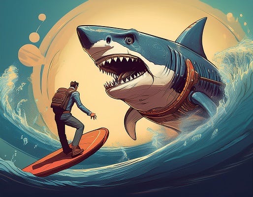 AI-generated image of a software engineer dodging a shark