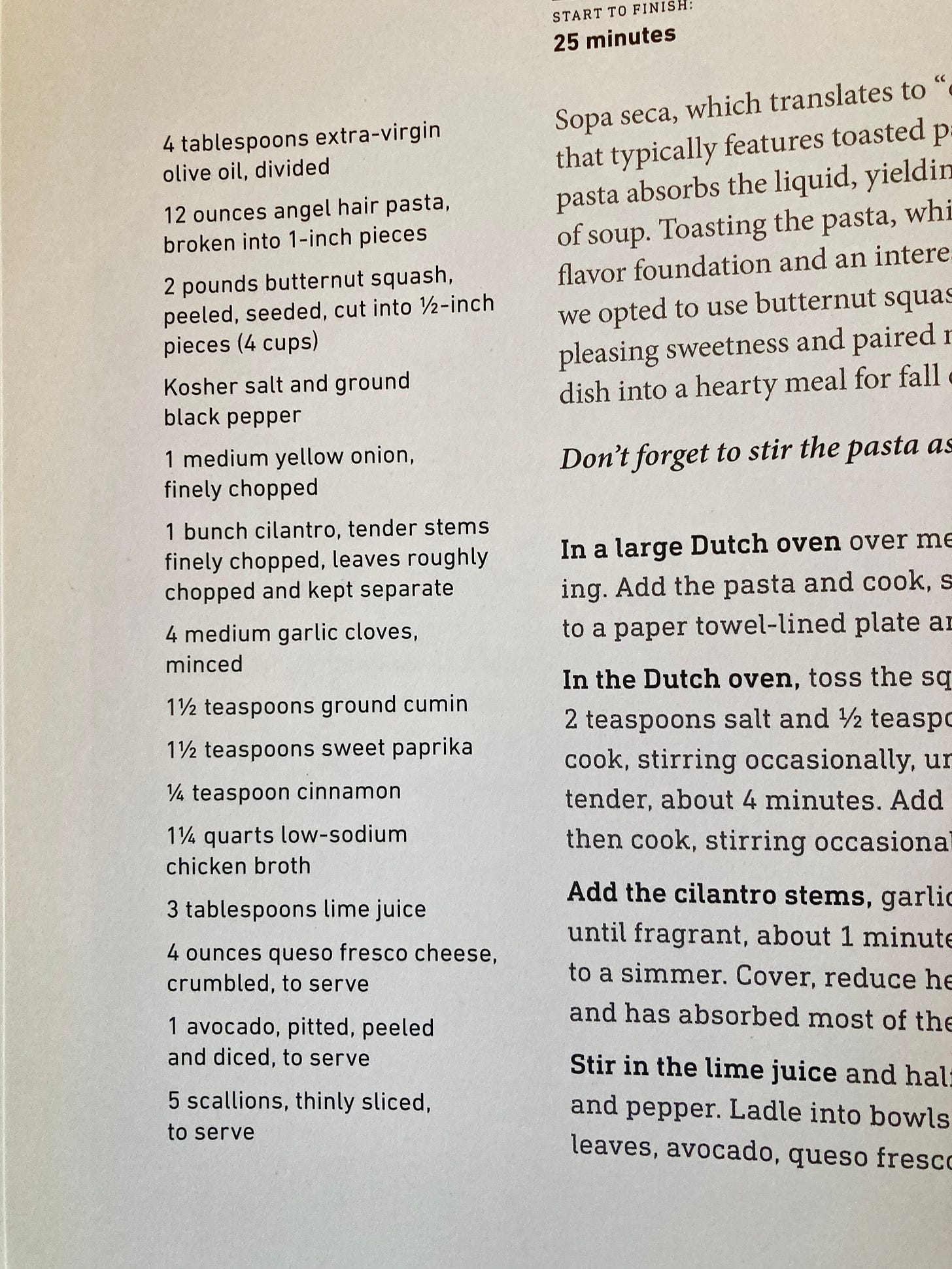 Ingredients listed for a cookbook recipe, including breaking down butternut squash, washing and chopping herbs, and breaking angel hair pasta into 1-inch pieces.