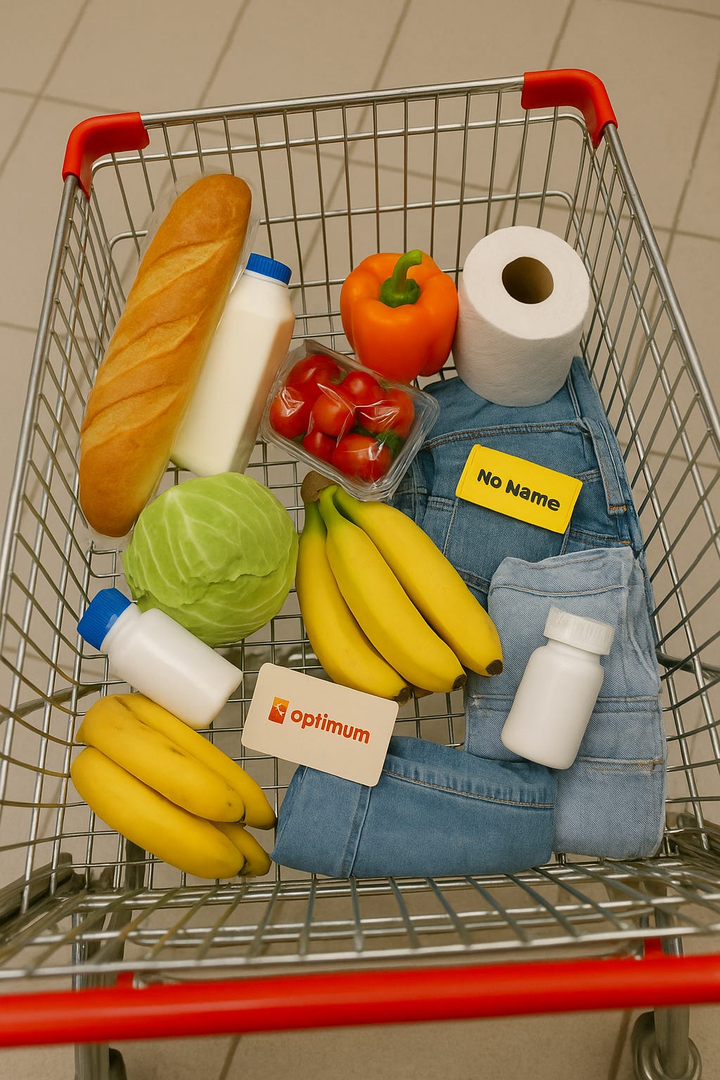 Overhead view of a shopping cart filled with groceries, produce, clothing, a toilet roll, and pharmacy items, symbolizing Loblaw’s reach into nearly every part of Canadian consumer life.