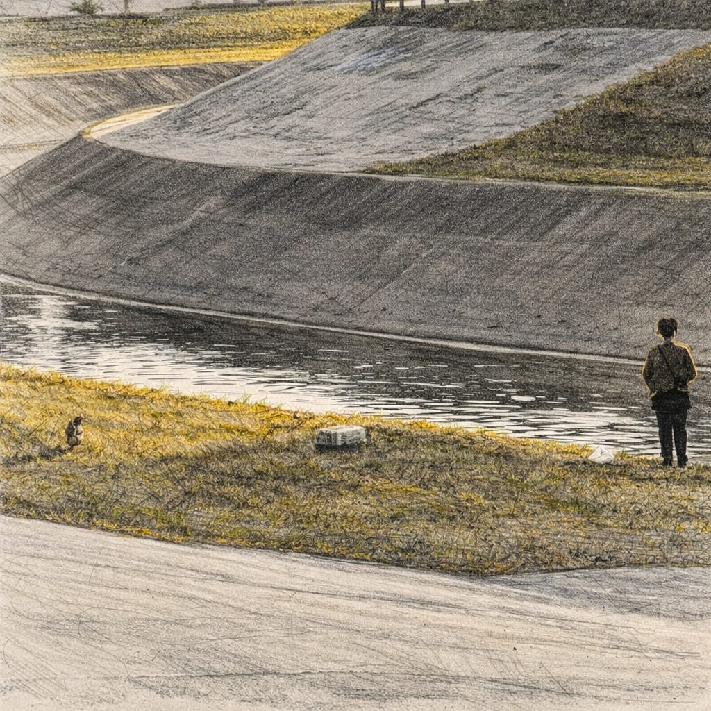 A person standing by a canal while a small rooster walks on the grass nearby in a quiet outdoor setting.