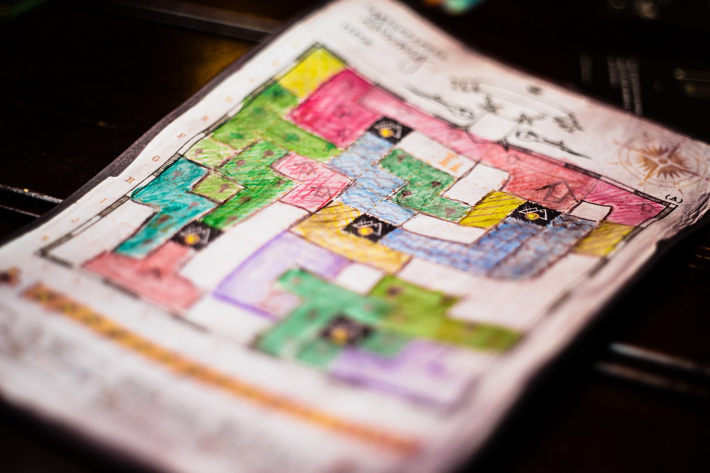 A map from the game Cartographers. It's hand-drawn and a little wrinkled. A map from the game Cartographers. It's hand-drawn and a little wrinkled.