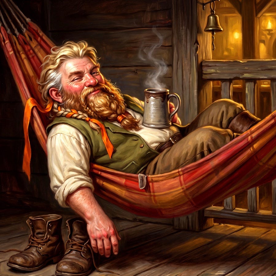 Sway Slowhammer, a dwarf with a braided beard, reclining in a red hammock with a steaming mug