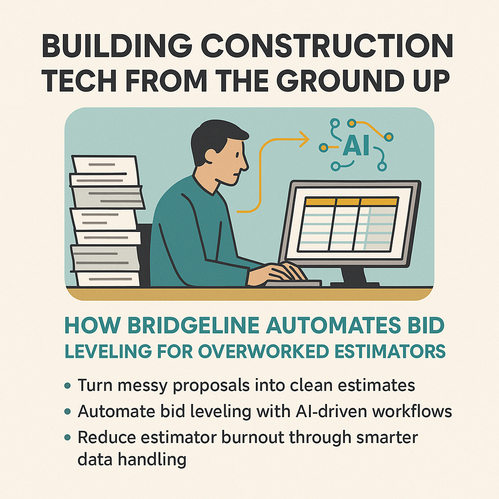 Image showing a construction estimator using AI to automate bid leveling, turning messy paper proposals into clean digital estimates.