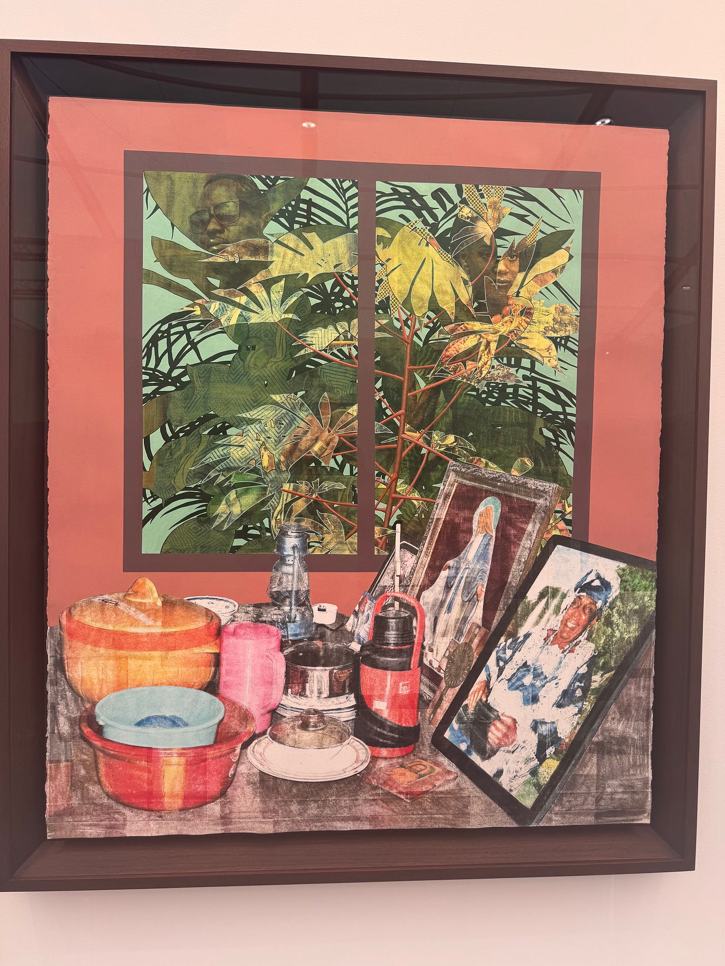 Njideka Akunyili Crosby, Grandmother’s Parlour (2016), a layered interior scene combining painted figures and patterned collage details.