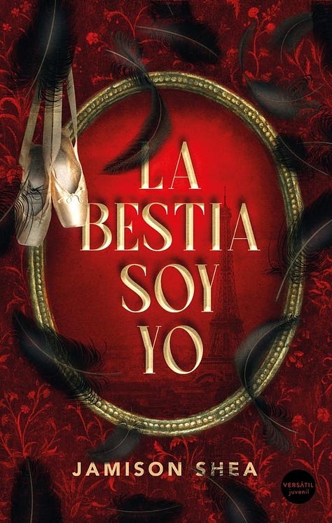 Two book covers for I FEED HER TO THE BEAST AND THE BEAST IS ME featuring a Black girl in a river of blood, and one for LA BESTIA SOY YO featuring a pair of pointe shoes hanging over a gilded mirror surrounded by black swan feathers.