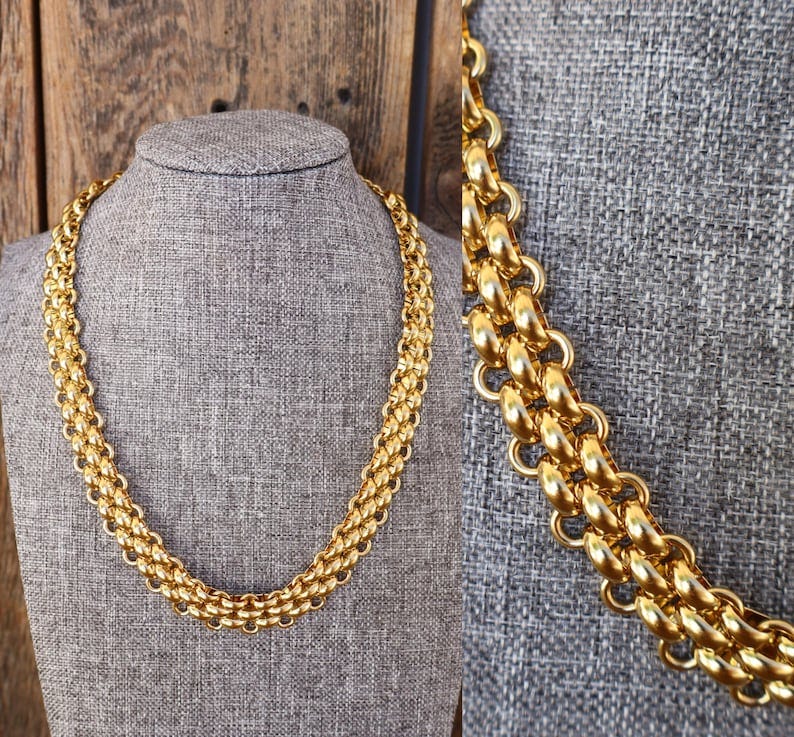 90s Gold Tone Thick Heavy Statement Necklace | Thick Gold Chain Chunky Necklace 18" | Chain Link Necklace | Business Casual Jewelry image 1