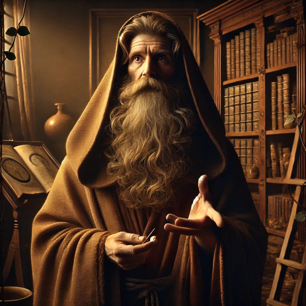 A hyperrealistic full-body portrait of a wise hermit providing financial advice, styled similarly to a Renaissance painting. The hermit stands in a dramatic and warm setting, wearing a humble yet majestic hooded cloak. Their weathered face and long flowing beard exude wisdom, with piercing eyes. The background features a beautifully detailed library filled with books and wooden shelves, creating an atmosphere of knowledge and contemplation. The scene includes subtle natural elements like vines and soft lighting to enhance the hermit's connection to wisdom and simplicity. The lighting is warm and focused, adding depth and reverence. A hyperrealistic full-body portrait of a wise hermit providing financial advice, styled similarly to a Renaissance painting. The hermit stands in a dramatic and warm setting, wearing a humble yet majestic hooded cloak. Their weathered face and long flowing beard exude wisdom, with piercing eyes. The background features a beautifully detailed library filled with books and wooden shelves, creating an atmosphere of knowledge and contemplation. The scene includes subtle natural elements like vines and soft lighting to enhance the hermit's connection to wisdom and simplicity. The lighting is warm and focused, adding depth and reverence.