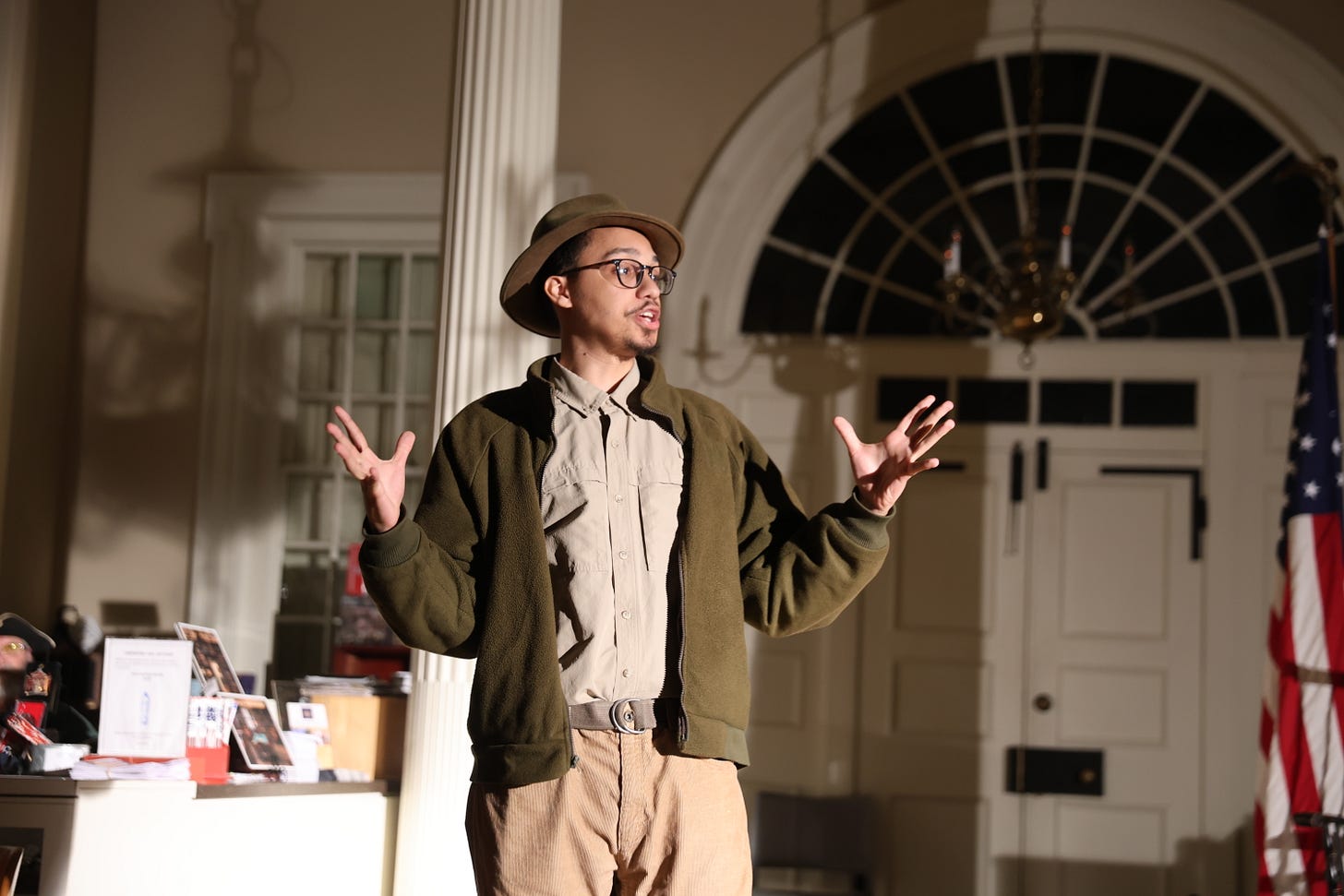 Caleb (Jerrick Medrano) addresses the audience in The Spirit of 76, Photo by Miriam Colvin.