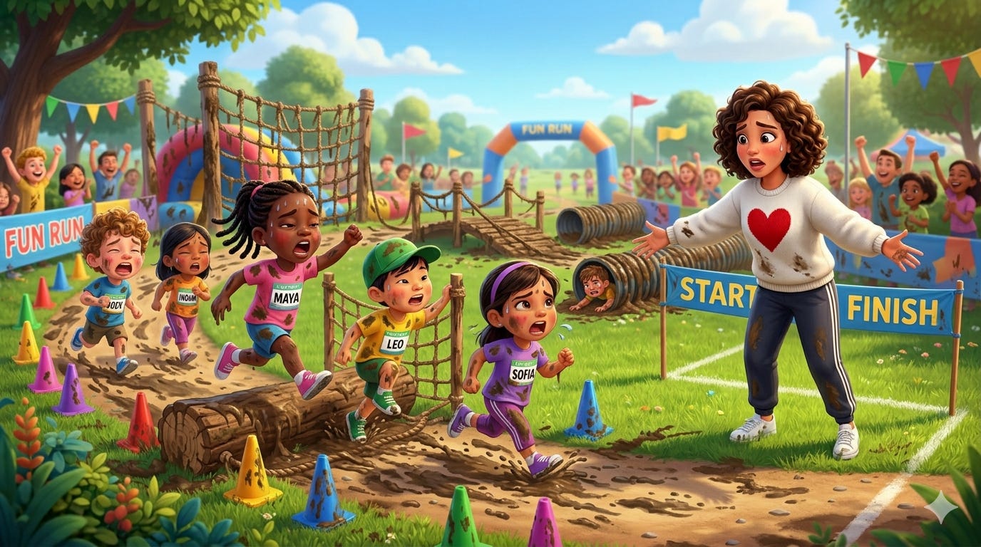 A diverse group of tired children running through a muddy race toward a woman in a white heart sweatshirt, illustrating the theme of working hard to win back a 'loving feeling'.