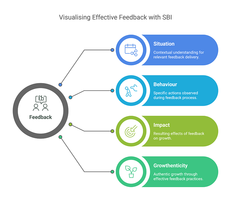 Infographic showing a central ‘Feedback’ icon branching out to four elements: ‘Situation’ (with a calendar and gears icon), ‘Behaviour’ (with an action figure icon), ‘Impact’ (with a target and arrow icon), and ‘Growthenticity’ (with a sprouting plant icon). Each element includes a brief description.
