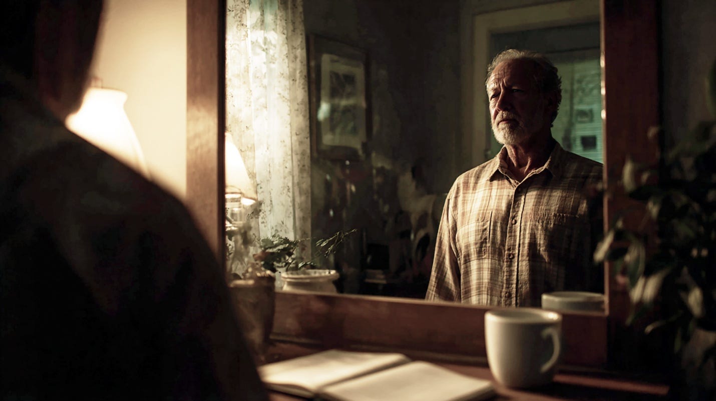 A middle-aged man standing in a softly lit room at dawn, facing a mirror with quiet reflection, morning light illuminating their face and hands. The space feels lived-in coffee cup, open notebook nearby symbolizing self-awareness and inner truth. The mood is contemplative, warm, and human.