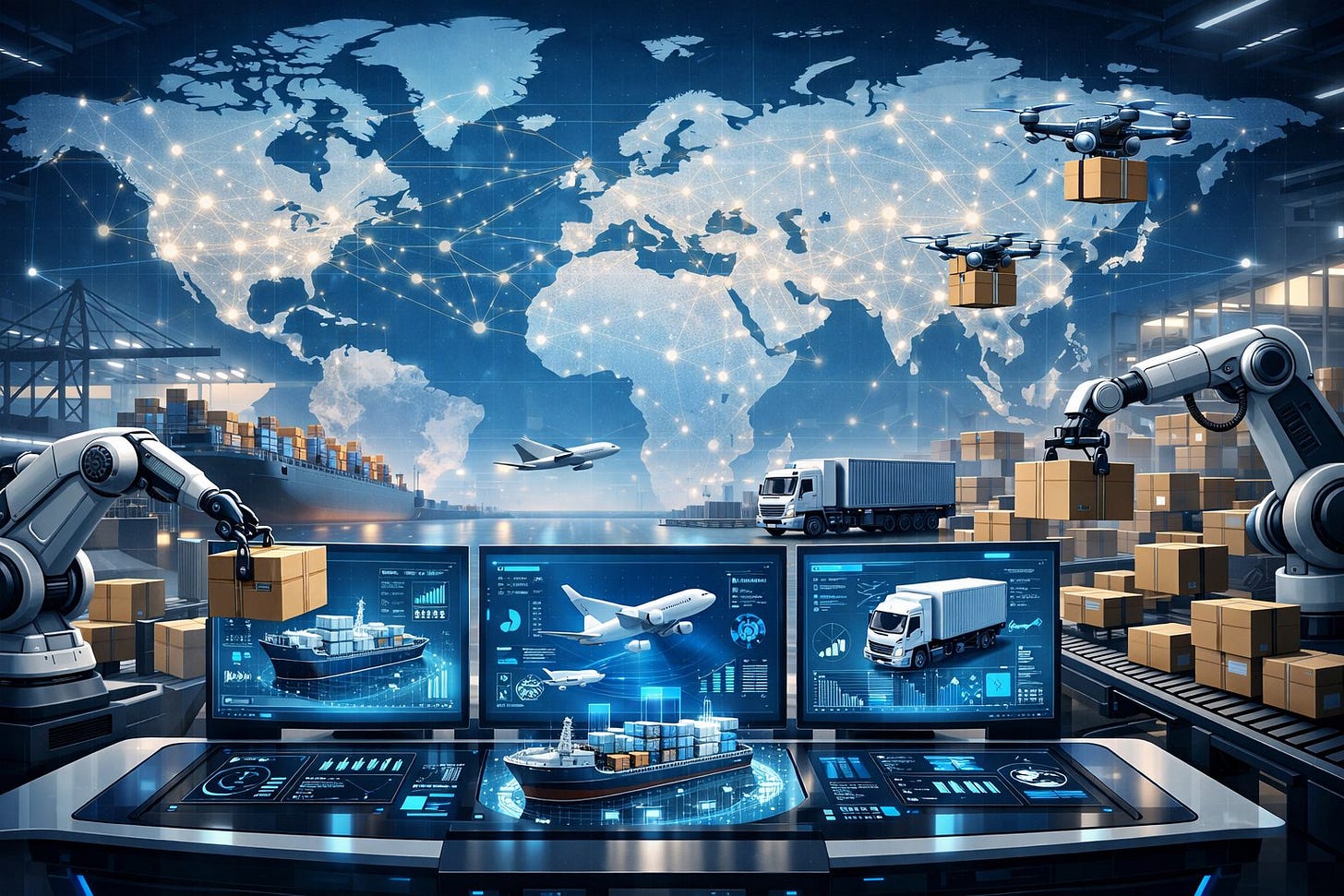 A global logistics network with AI-powered control center, futuristic digital screens, cargo ships, airplanes, delivery trucks, robotic arms, and drones managing packages. A global logistics network with AI-powered control center, futuristic digital screens, cargo ships, airplanes, delivery trucks, robotic arms, and drones managing packages.