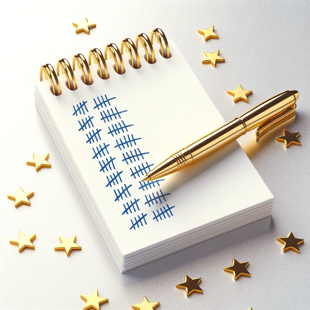 Photo of a white notepad with a golden pen resting on it. The notepad has visible blue and gold tally marks, representing the accumulation of Honors points. The background is a clean white surface with a few scattered blue and gold stars, symbolizing achievements.