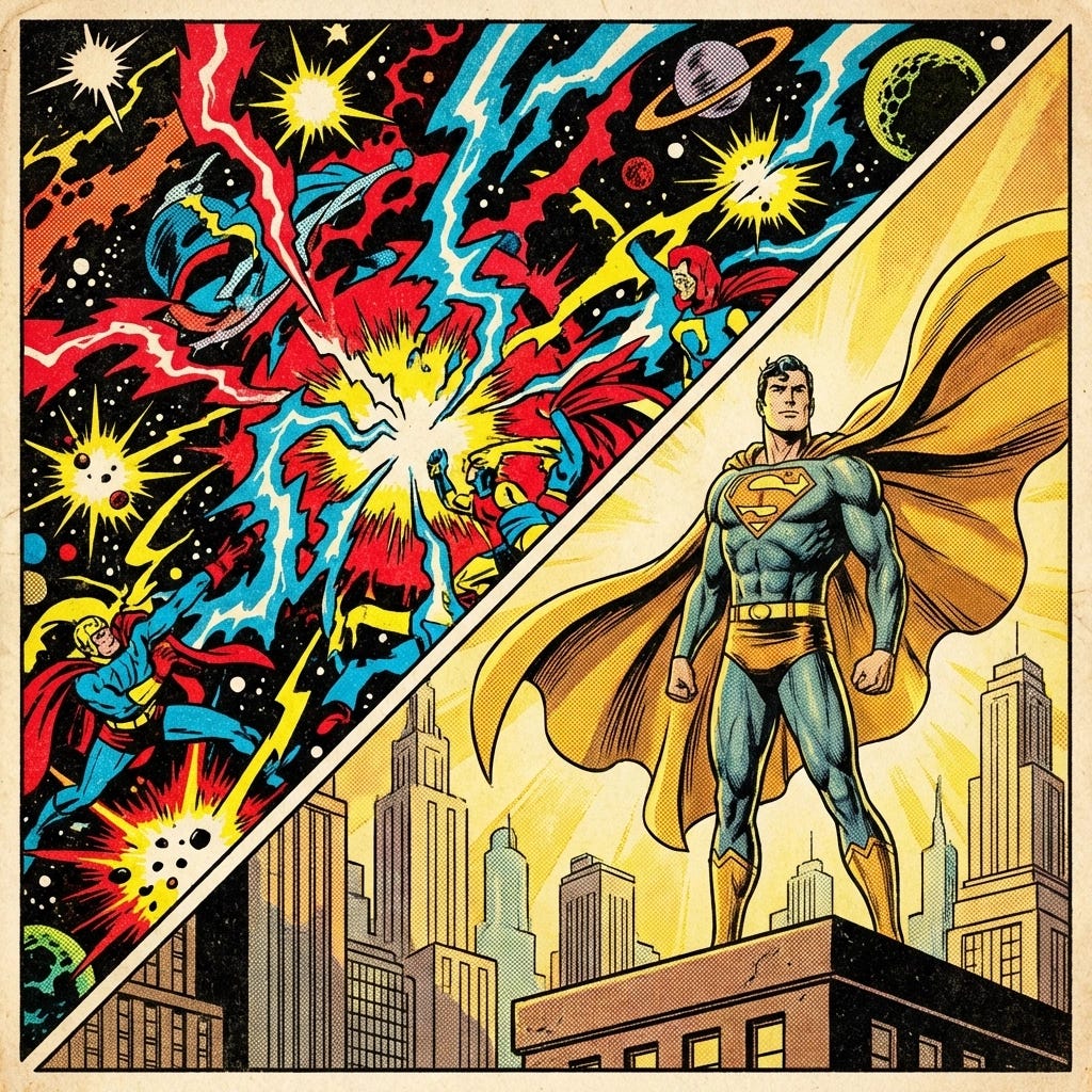 Illustration comparing the energetic Silver Age Marvel style with the classic heroic DC comics aesthetic.