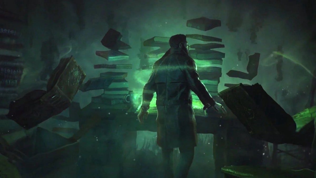 Man at a desk with floating books circling a green light
