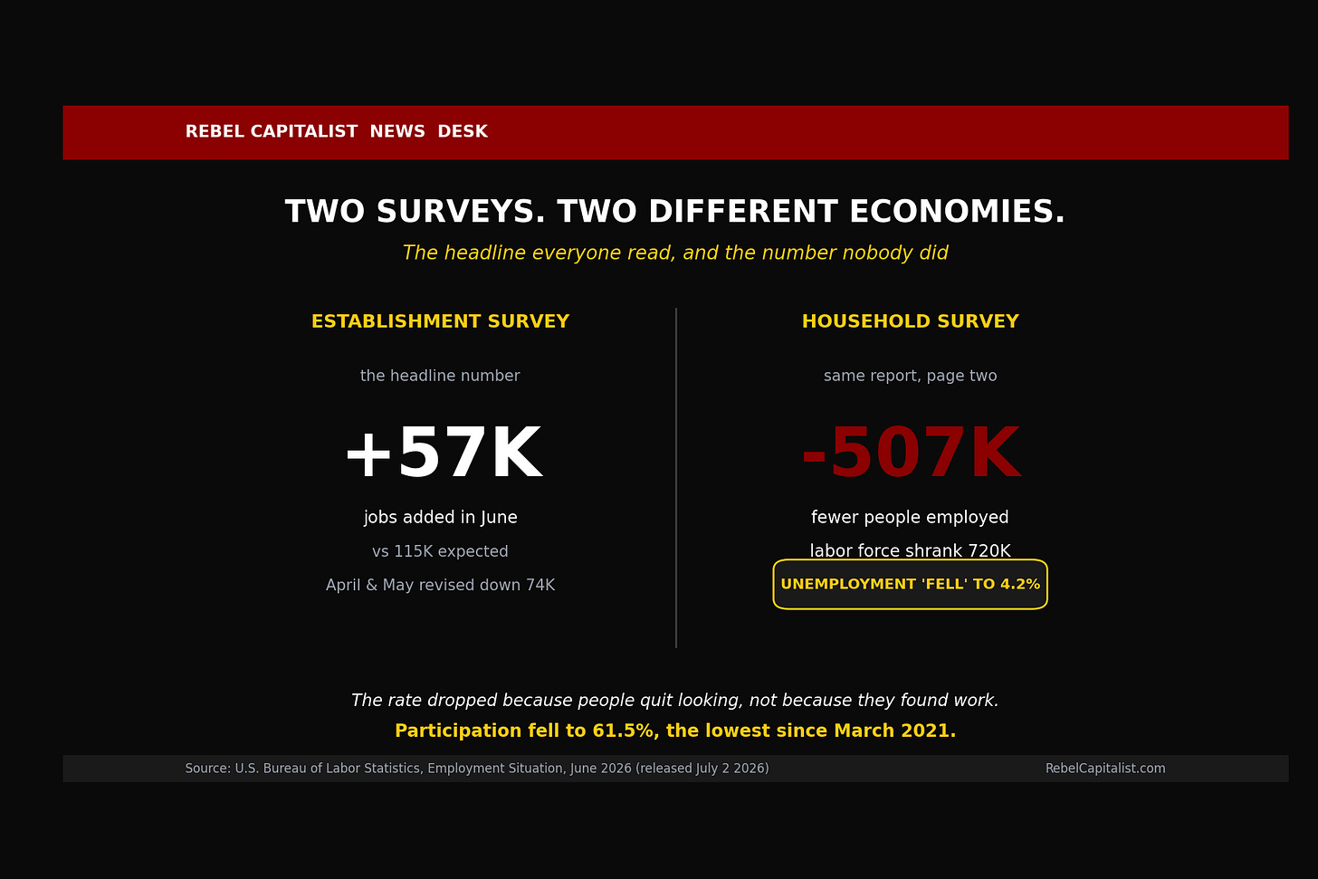 Rebel Capitalist infographic comparing June 2026 establishment survey plus 57K jobs versus household survey negative 507K employed Rebel Capitalist infographic comparing June 2026 establishment survey plus 57K jobs versus household survey negative 507K employed