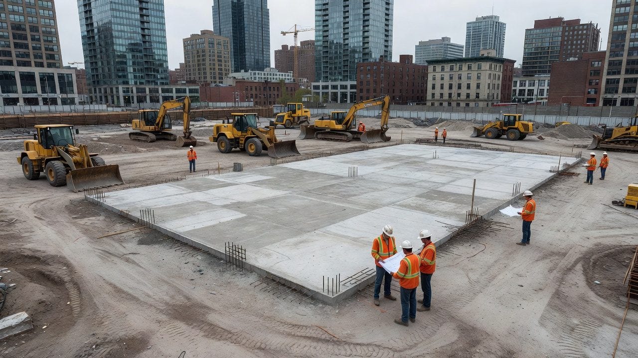 Construction workers reviewing blueprints beside freshly poured concrete foundation at urban building site