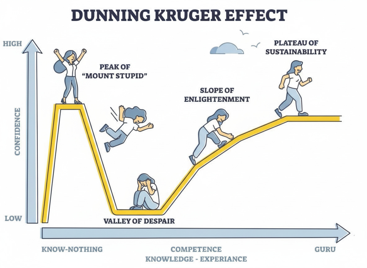 Revised Dunning-Kruger effect illustration with feminine curvy women characters in each stage. Revised Dunning-Kruger effect illustration with feminine curvy women characters in each stage.