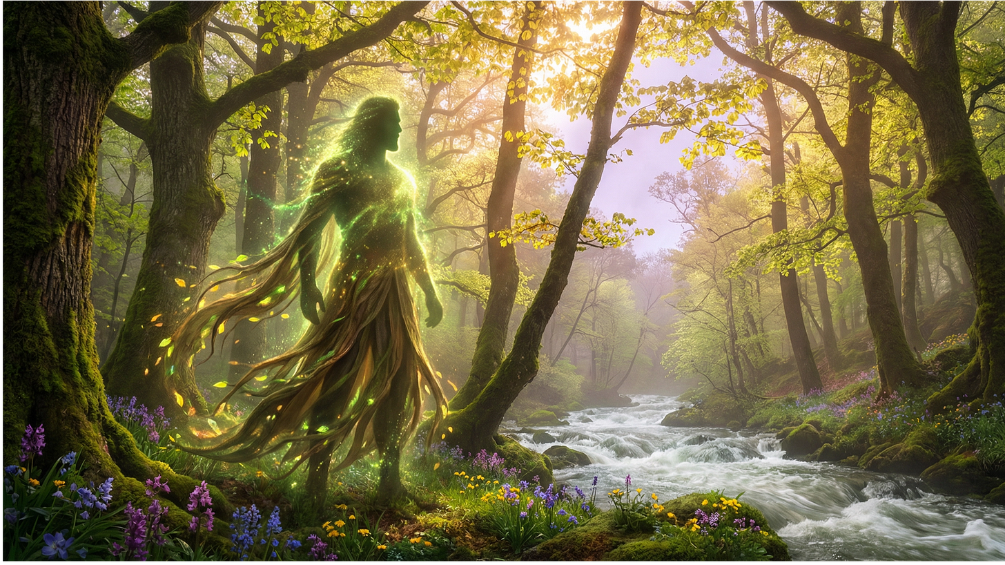 Green spirit figure with foliage hair walking through a spring forest alongside a stream. Yaşıl Han, the Green Khan. Green spirit figure with foliage hair walking through a spring forest alongside a stream. Yaşıl Han, the Green Khan.
