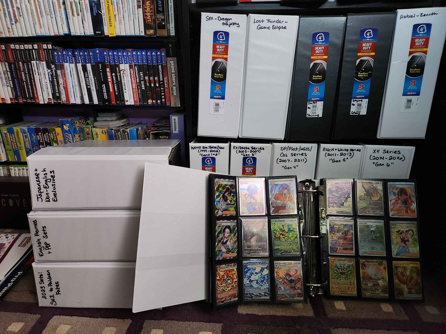 Frost has a huge collection of Pokémon trading cards dating back to the very earliest Wizards of the Coast sets. In this photograph, you can even spot a few of his Pokémon games! Frost has a huge collection of Pokémon trading cards dating back to the very earliest Wizards of the Coast sets. In this photograph, you can even spot a few of his Pokémon games!