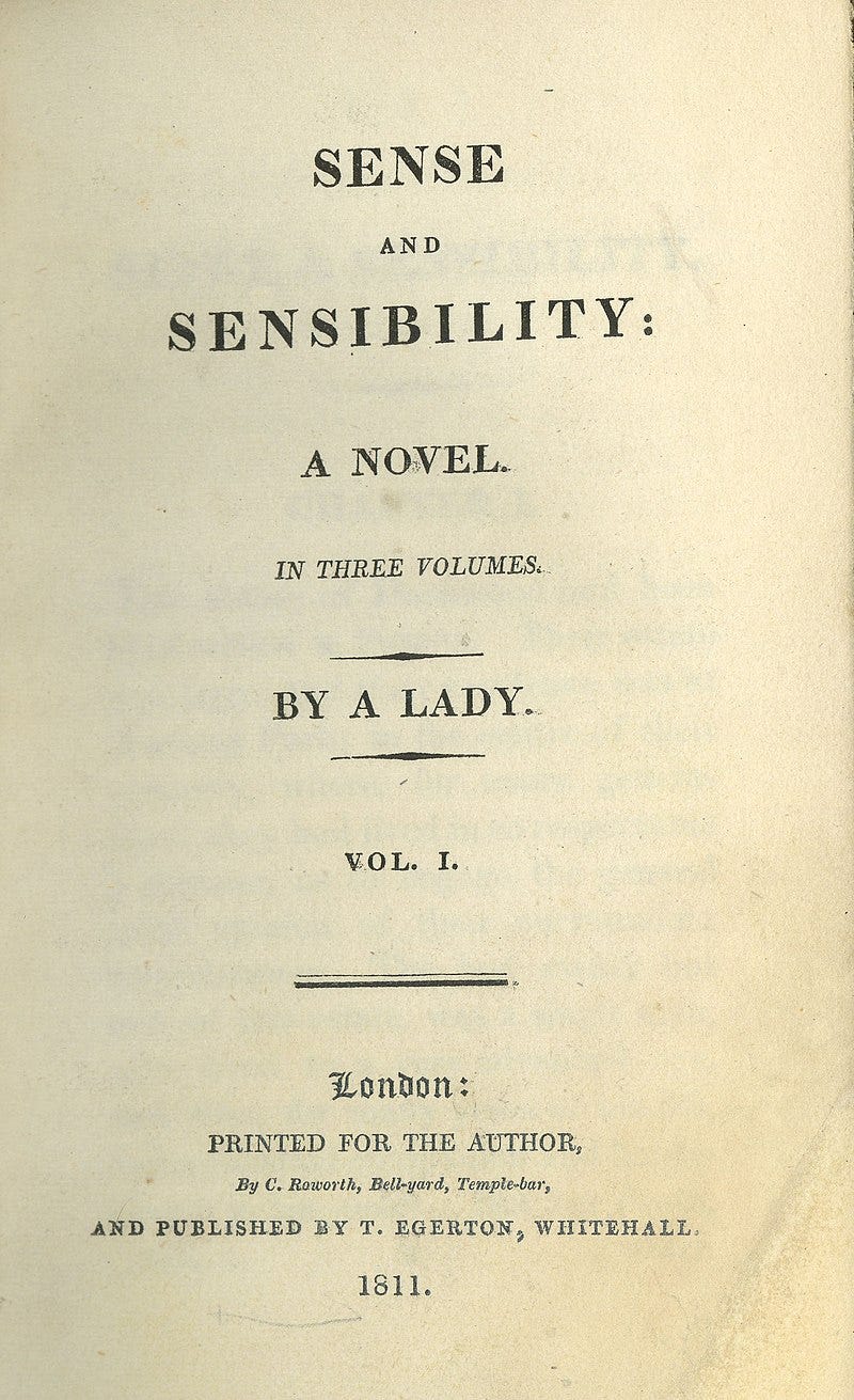 Title page from the first edition of Jane Austen's novel Sense and Sensibility
