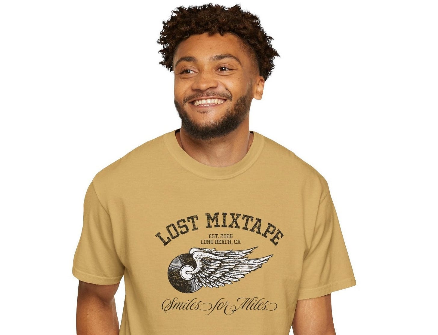 Man wearing a tan t-shirt with 'Lost Mixtape' design on a white background