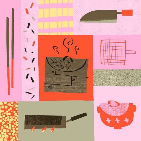 Grid illustrations of food and food related objects by Cris Tamay.