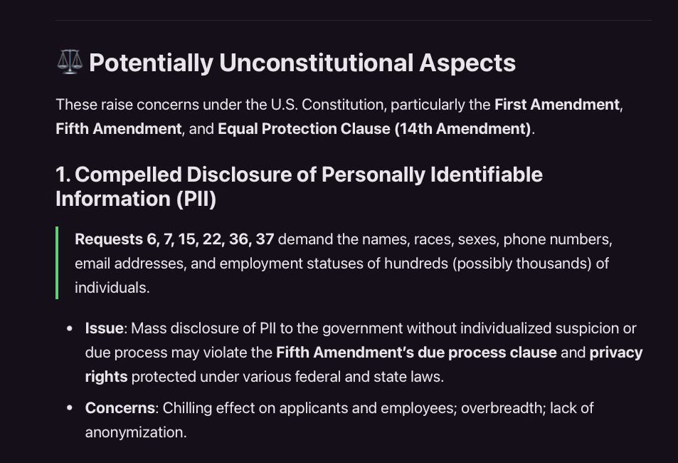Grok: The EEOC’s requests raise significant concerns about overreach, privacy violations, free speech suppression, due process denial, and political bias.