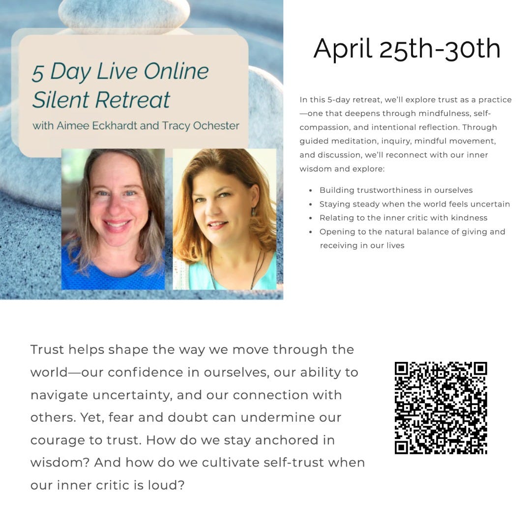 Headshots of Tracy and Aimee and meme for 5-day self compassion retreat April 25 - 30 online