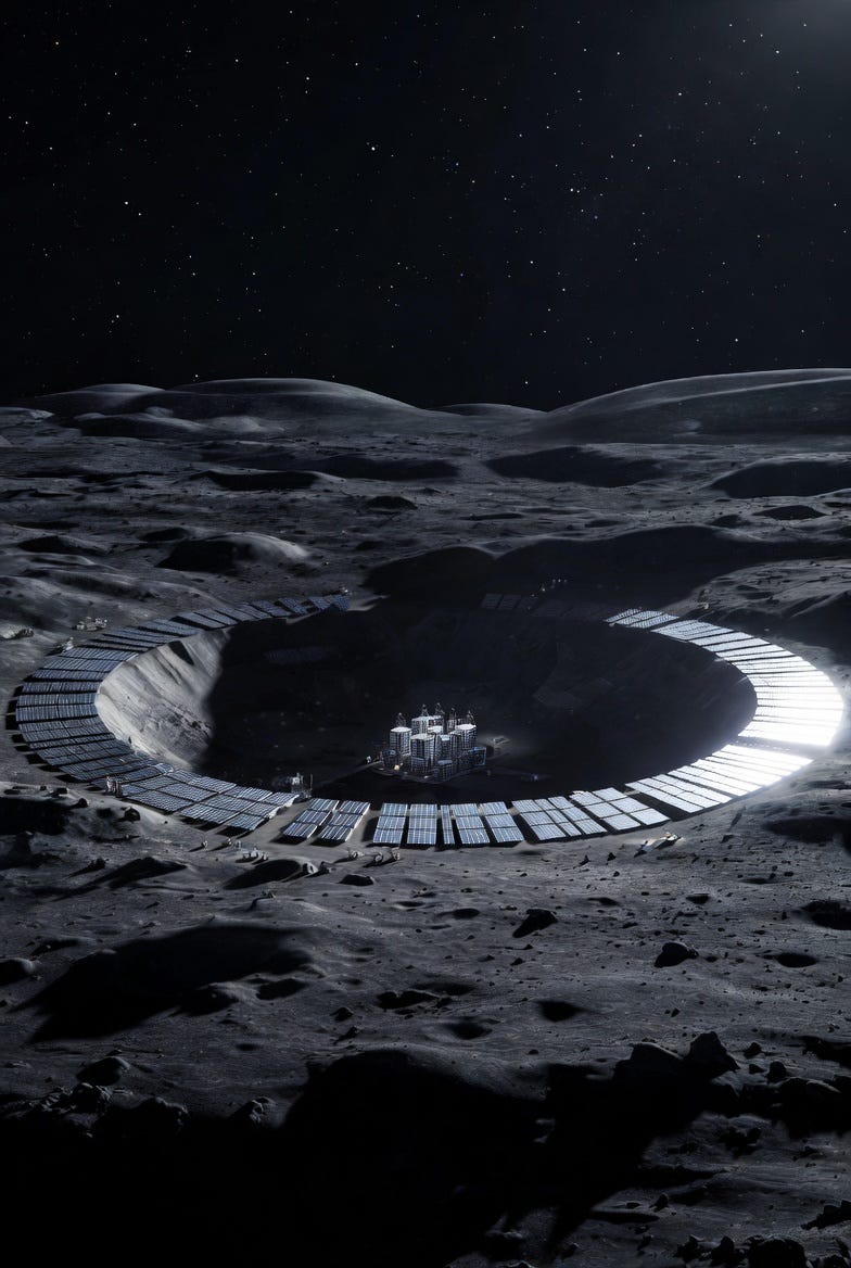 A photograph of an AI datacenter in the Moon's Shackleton Crater, with solar panels in a stark lunar landscape.