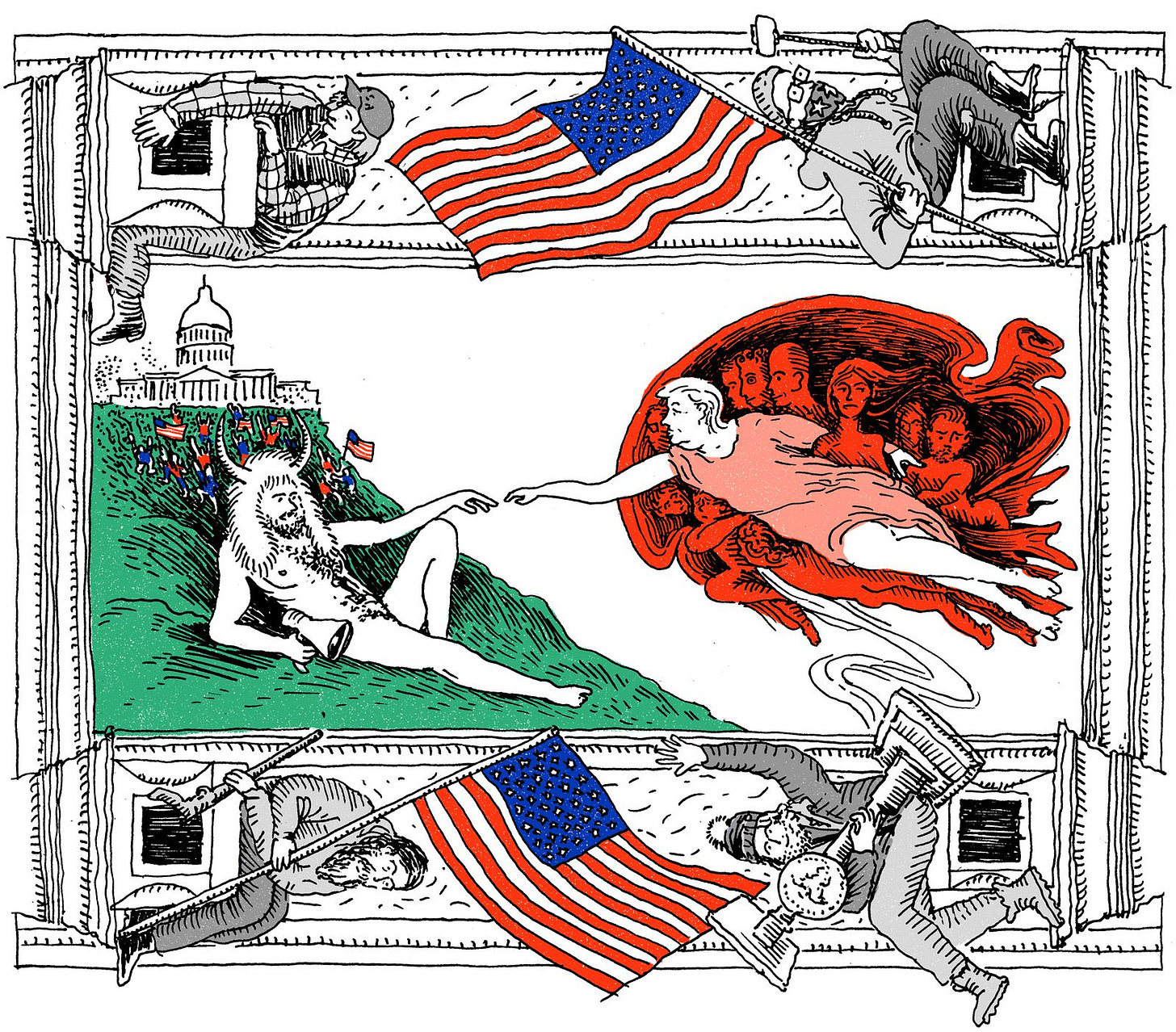 Sistine Chapelinspired fresco of President Trump and the QAnon Shaman.