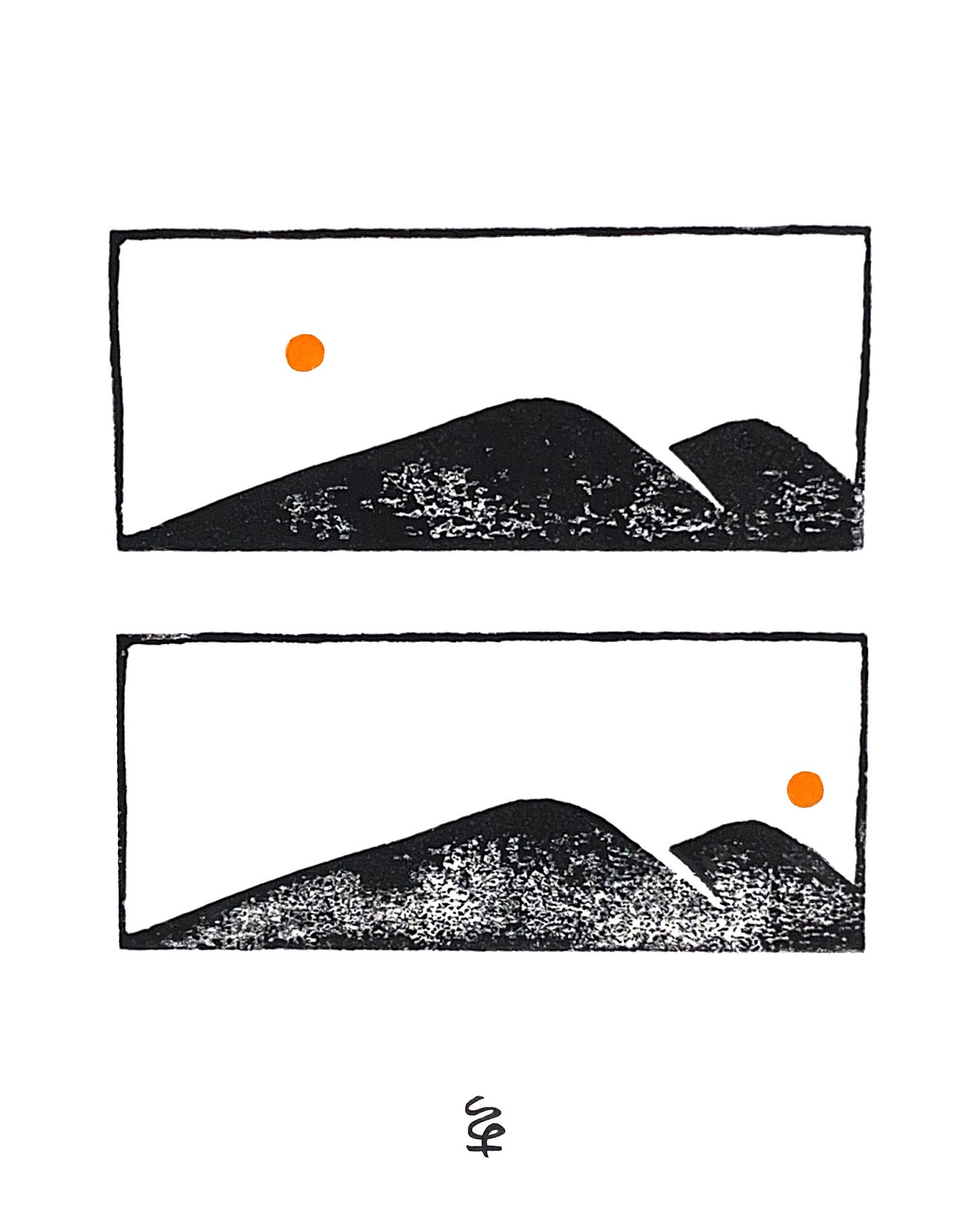 Black linocut print arranged in two horizontal frames. Both frames show the same carved mountain silhouette in black. In the first frame, a small orange sun appears on the left side above the mountains. In the second frame, the sun appears on the right side. The landscape remains unchanged, emphasising the shift of the sun between the two images. Black linocut print arranged in two horizontal frames. Both frames show the same carved mountain silhouette in black. In the first frame, a small orange sun appears on the left side above the mountains. In the second frame, the sun appears on the right side. The landscape remains unchanged, emphasising the shift of the sun between the two images.