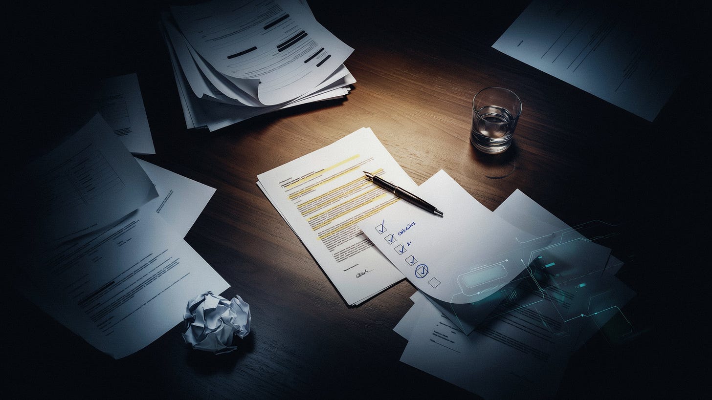 Large, dimly lit boardroom table viewed from above — scattered across it are partially overlapping documents, a legal contract with highlighted sections, a checklist with some items marked, and faint digital overlays suggesting system access logs and data flows. At the center of the table, a single pool of warm amber light illuminates the documents, while the edges of the room fade into deep navy shadow. No people, no faces, no devices. The overall palette is deep navy, slate gray, and cold white with a single warm amber focal point. The feeling is: someone has been here recently, working through something important, and left the tools mid-process.