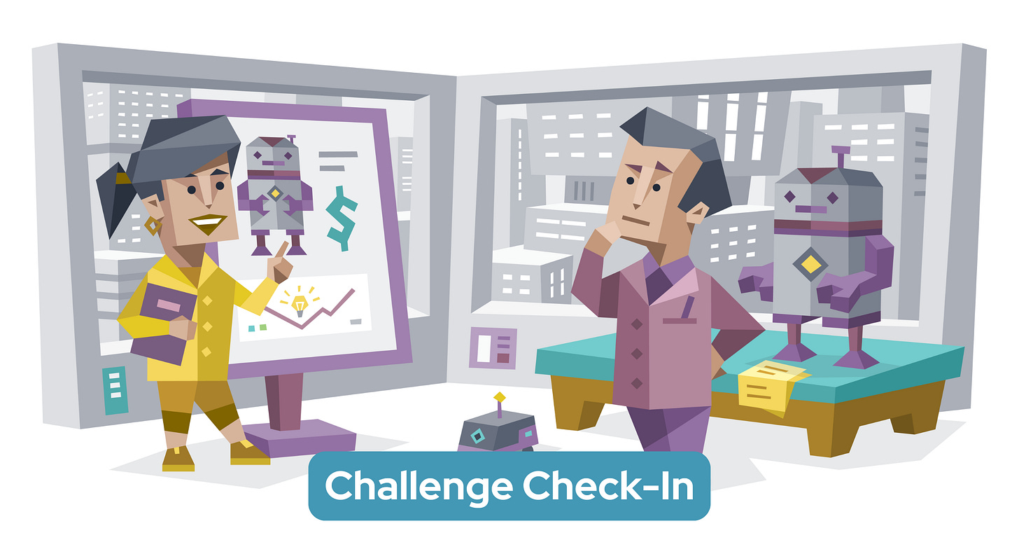 An Explorer and an Analyst stand in a futuristic office with robots. The Explorer presents a chart with robot designs, while the Analyst contemplates. Small robots and a cityscape are visible in the background.
