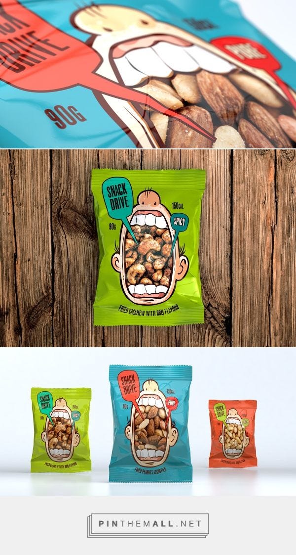 This may contain: three bags of nuts sitting next to each other on top of a wooden table with an advertisement