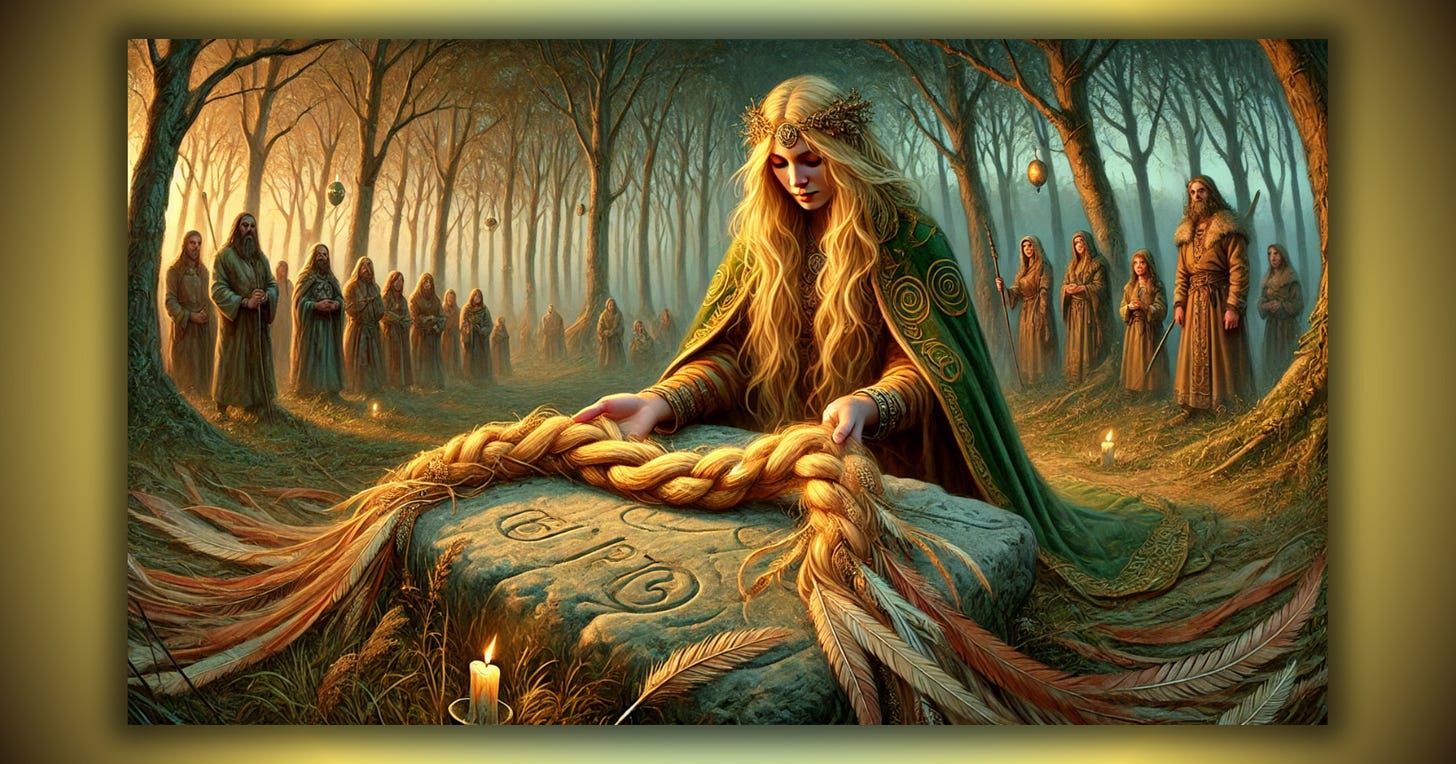 Soft painterly image of Liora laying a braid of seagrass, twigs, and feathers on an altar - a rock with runes carved into it - in the forest of Elyndra. Villagers standing at a distance. Golden-haired woman. Candles. From the epic fantasy, The Village of Wings.