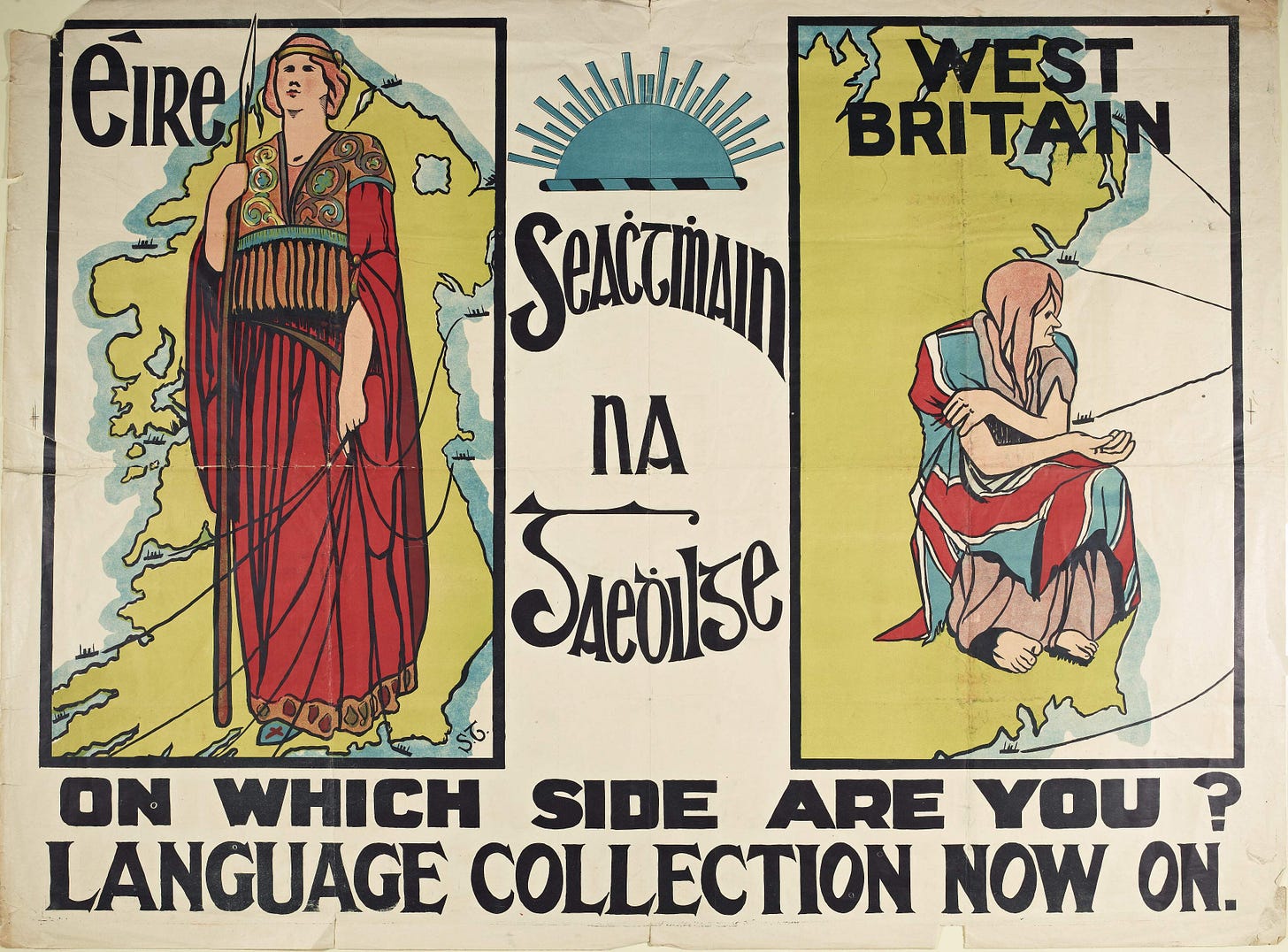 A poster showing a woman standing over Ireland labeled "Éire" and a distressed figure over Britain labeled "West Britain," with text promoting a language collection.