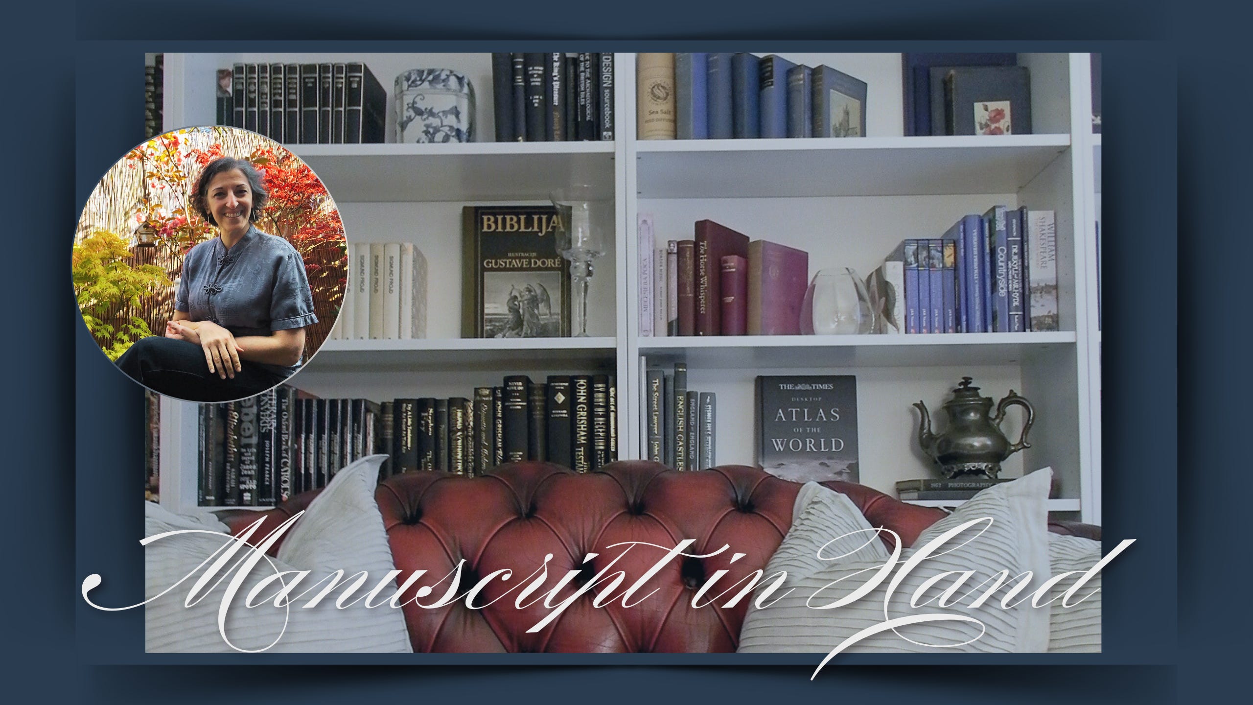 author's home library featuring a wall of books and a red leather Oxford sofa, with a round inset of smiling Katarina sitting happily in her garden, surrounded by acers