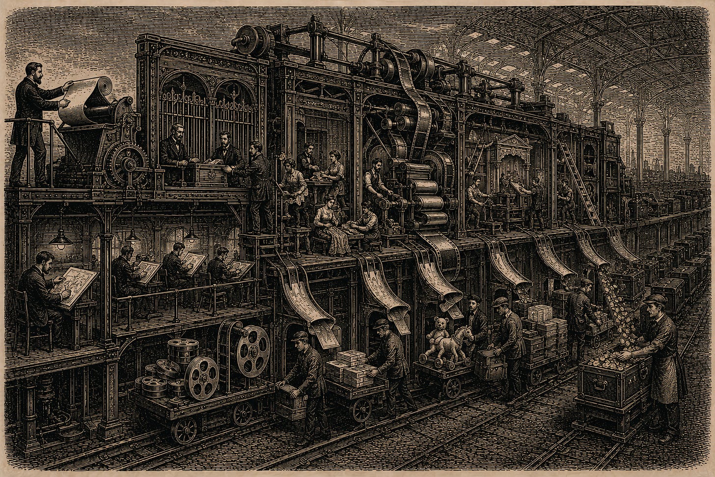 Wood-engraving editorial illustration in the Thomas Nast Harper's Weekly style for Attention Capital's essay YouTube Already Chose Not to Be Hollywood, Section I: What Hollywood Actually Is. In a cutaway of a vast industrial works, a clerk feeds a single manuscript into a continuous machine whose stages, drafting, banking, building, pressing, deliver finished goods onto many loading docks while coins pour into a line of strongboxes. The image argues that Hollywood is an integrated stack, development, financing, production, distribution, and ancillary monetization, that turns one story into 40 years of cash flow. Keywords: Hollywood studio system, film financing, windowing, media franchise monetization, integrated content stack.