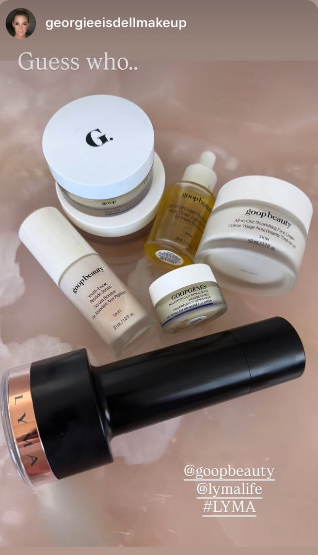 flat-lay photo of Georgie Eisdell's skincare kit for the 2026 Oscars featuring the LYMA Laser PRO alongside Goop Beauty products: Youth-Boost Peptide Serum, All-in-One flat-lay photo of Georgie Eisdell's skincare kit for the 2026 Oscars featuring the LYMA Laser PRO alongside Goop Beauty products: Youth-Boost Peptide Serum, All-in-One