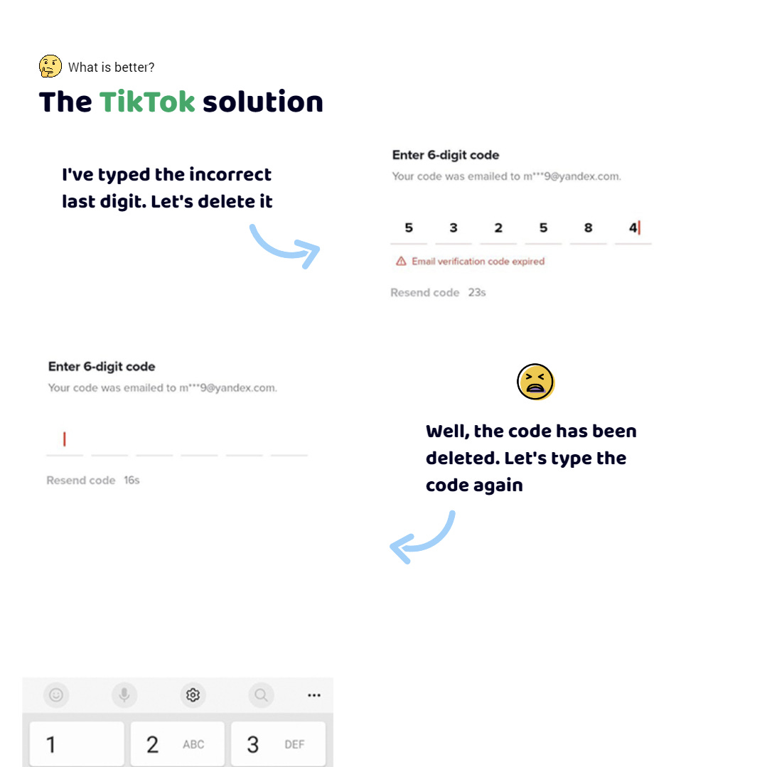 The Tik Tok app. I typed the authorization code. The last digit is incorrect. I need to delete it. I press the key. Well, the whole code has been deleted