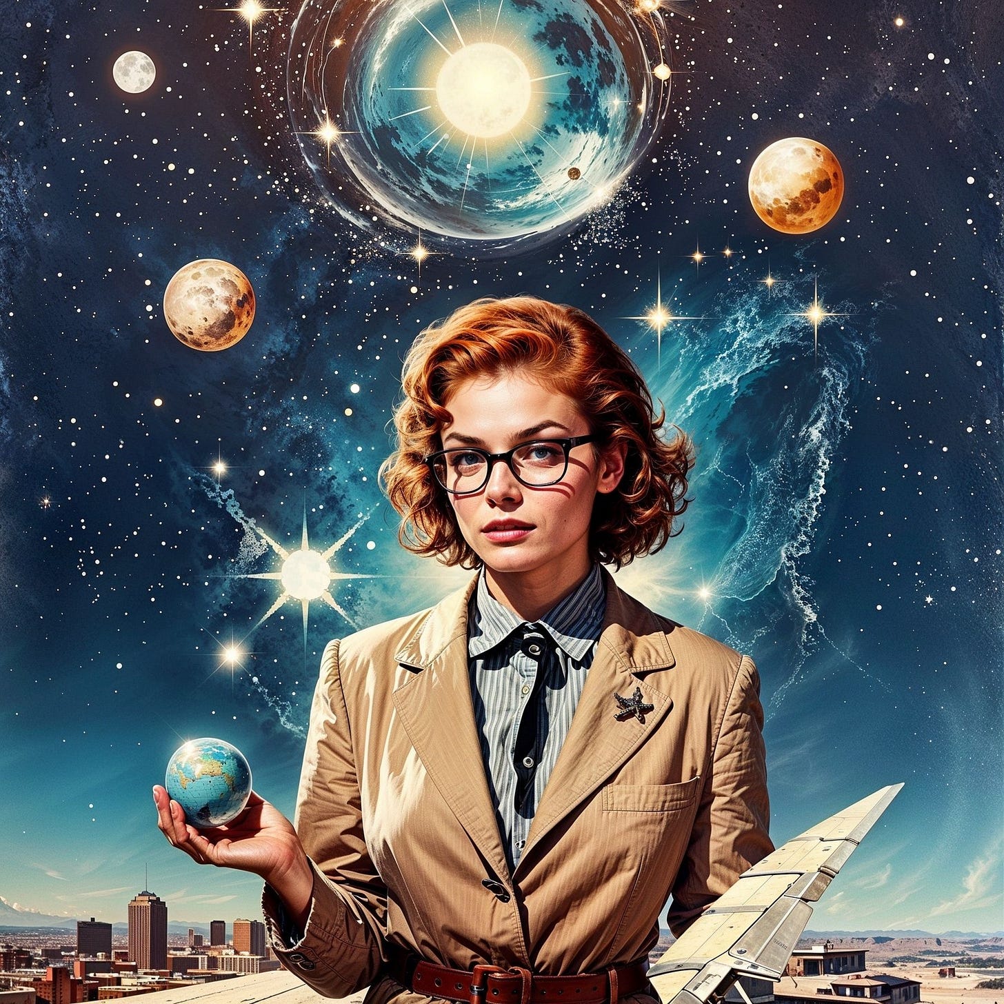 Retro-futuristic digital artwork of a red-haired woman in vintage glasses and a beige blazer, standing on a rooftop with a cityscape below and a cosmic sky above. She holds a small globe in one hand and a model spacecraft wing in the other. Behind her, luminous planets, stars, and nebulae fill the night sky, evoking themes of astronomy, exploration, and female empowerment in science and space. Retro-futuristic digital artwork of a red-haired woman in vintage glasses and a beige blazer, standing on a rooftop with a cityscape below and a cosmic sky above. She holds a small globe in one hand and a model spacecraft wing in the other. Behind her, luminous planets, stars, and nebulae fill the night sky, evoking themes of astronomy, exploration, and female empowerment in science and space.
