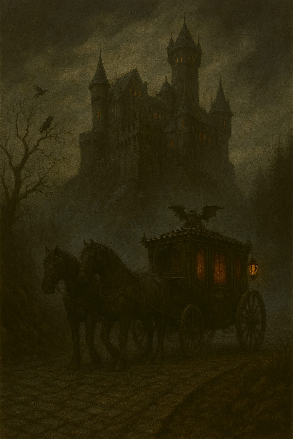 Strahd’s Black Carriage approaches Castle Ravenloft along a winding, mist‑choked mountain road. The carriage is carved from black lacquered wood with silver filigree, its lanterns glowing like dying embers. Two massive midnight‑black horses pull it forward, their breath steaming in the cold air. Ahead, Castle Ravenloft rises from the cliffs like a jagged crown, its towers piercing storm clouds lit by distant lightning. The road is narrow, slick with rain, and lined with skeletal trees whose branches claw at the sky. The carriage wheels grind over ancient stones as the fortress looms ever larger, a silhouette of dread and destiny.
