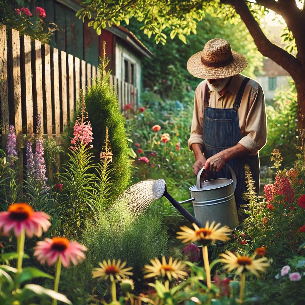A beautiful, lush garden filled with colorful flowers, green plants, and a small wooden fence in the background. An elderly gardener, wearing a straw hat and overalls, is seen slightly to the side, watering the plants with a metal watering can. The focus is more on the vibrant garden, with sunlight casting a warm glow over the scene.
