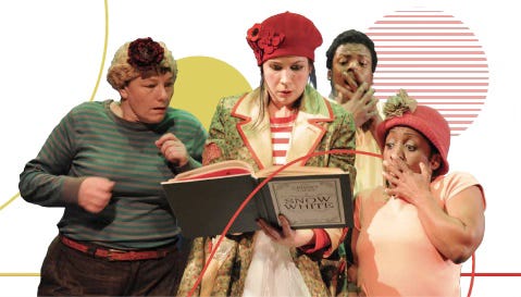 4 people looking at a book as if seeing something exciting or shocking, obviously a scene from a play 4 people looking at a book as if seeing something exciting or shocking, obviously a scene from a play