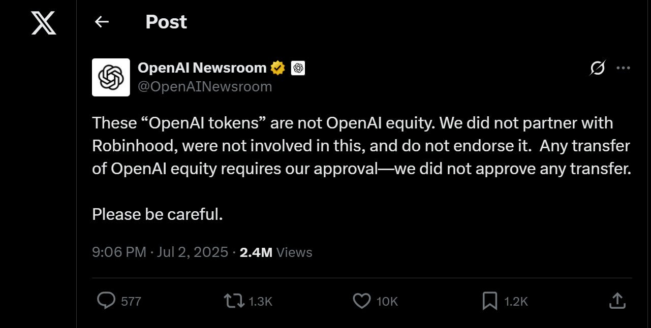 OpenAI Issues Warning Against Robinhood's “OpenAI Tokens”