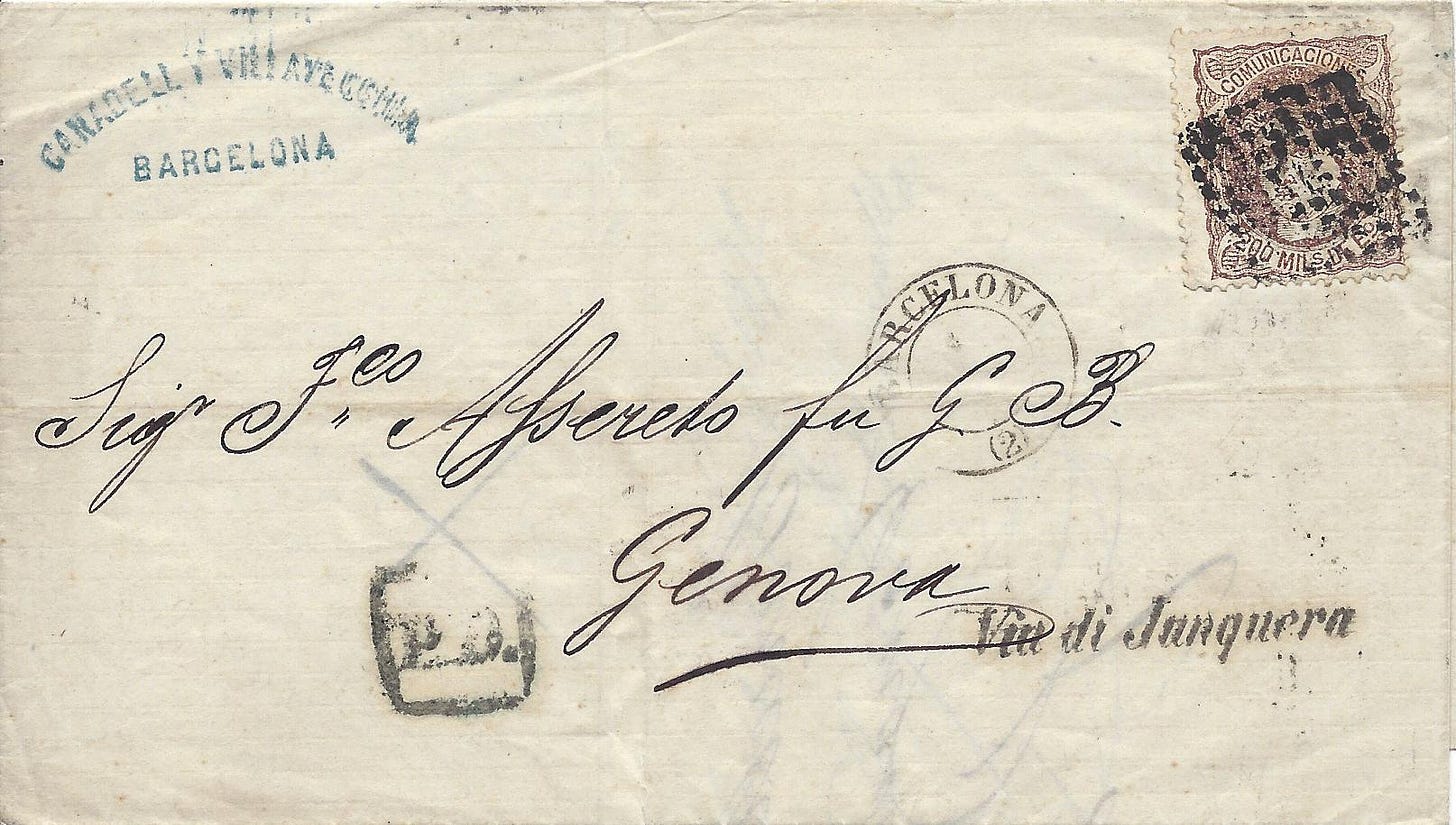 1872 letter from Spain to Italy