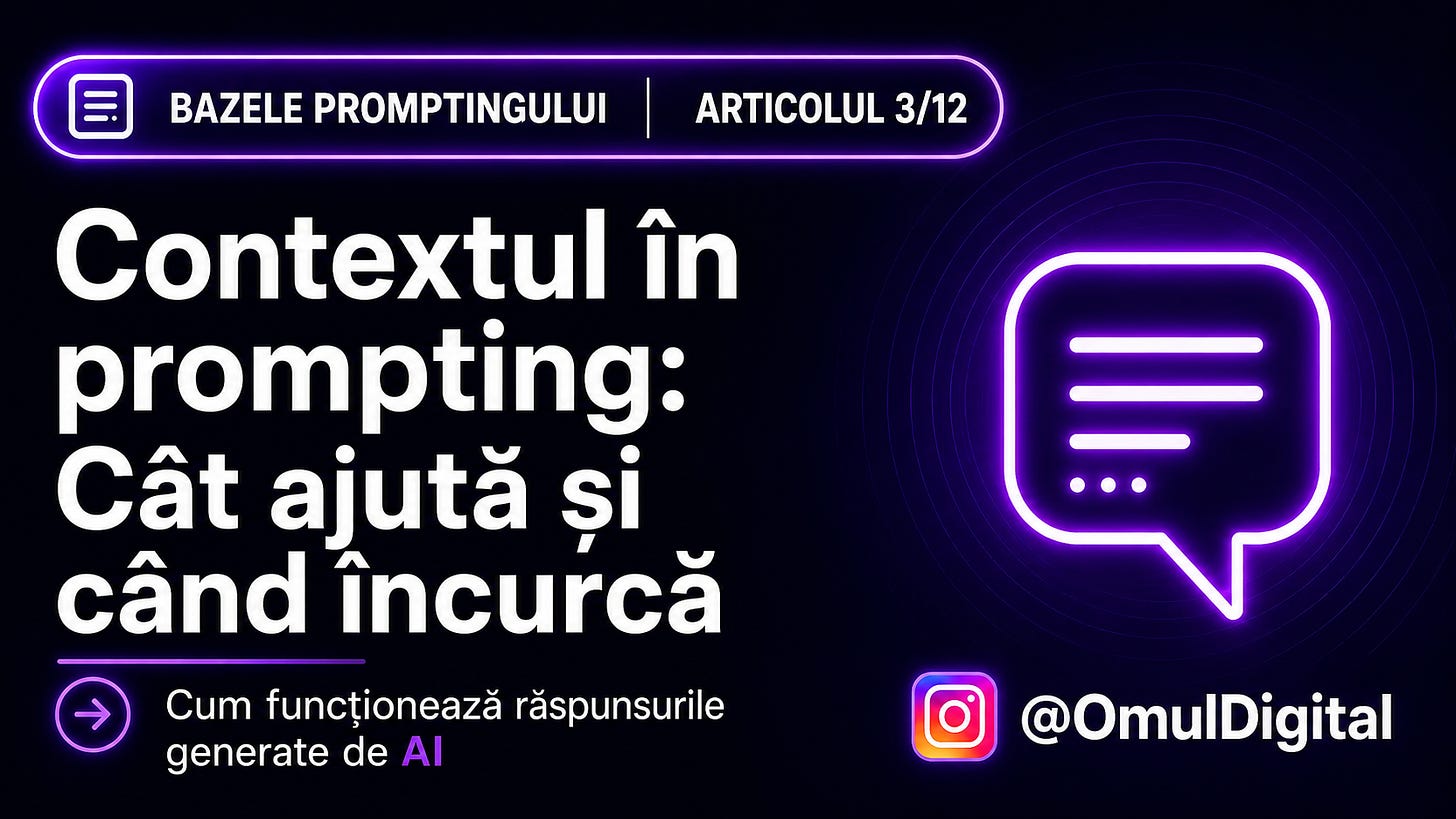Cover pentru seria „Bazele promptingului” de la Omul Digital, cu titlul articolului, icon de chat și design mov dedicat materialelor despre prompt engineering. Cover pentru seria „Bazele promptingului” de la Omul Digital, cu titlul articolului, icon de chat și design mov dedicat materialelor despre prompt engineering.